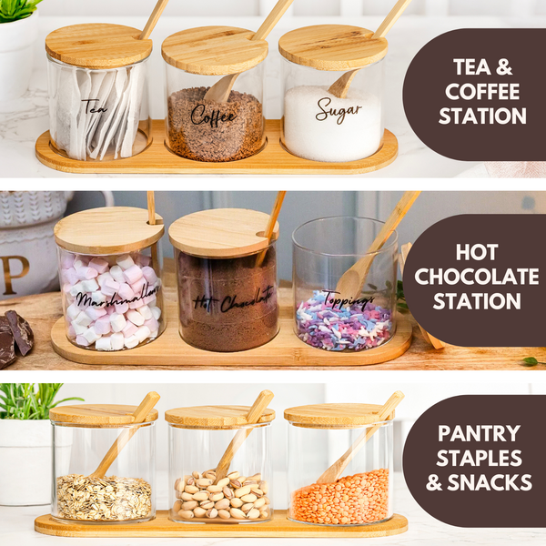 Glass Jar Kitchen Station Set - Tea, Coffee, Sugar and Hot Chocolate