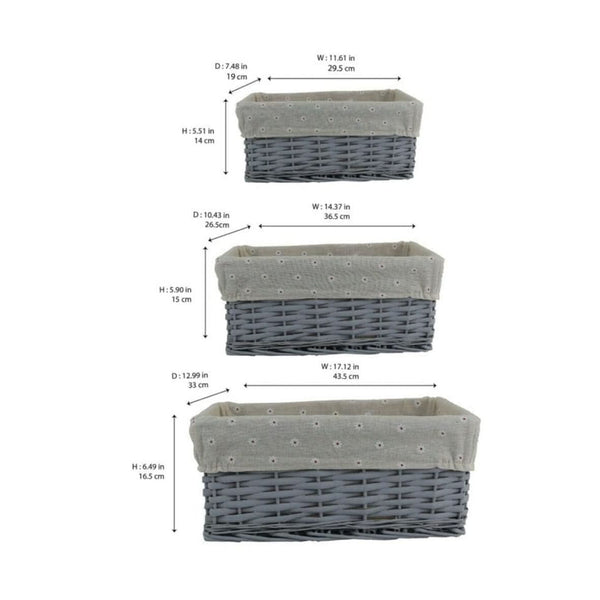 3pc Wicker Storage Baskets Set (Grey & Khaki Lining)