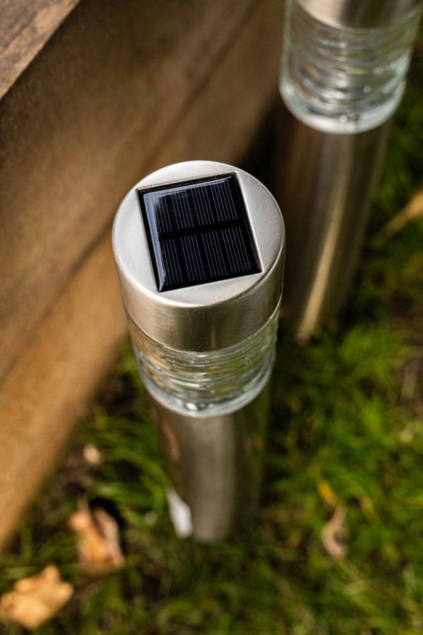 Set of 2 Stainless Steel Wave Solar Powered 10 Lumen Bollard Lights