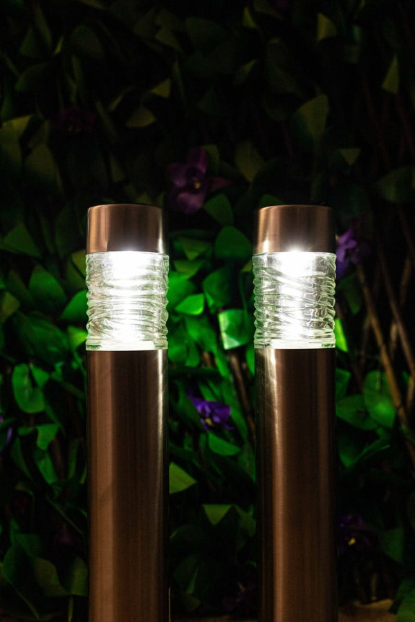 Set of 2 Stainless Steel Wave Solar Powered 10 Lumen Bollard Lights