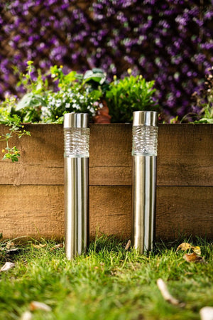 Set of 2 Stainless Steel Wave Solar Powered 10 Lumen Bollard Lights