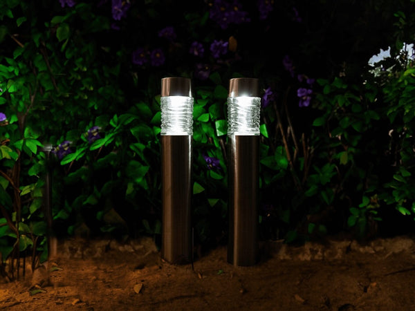 Set of 2 Stainless Steel Wave Solar Powered 10 Lumen Bollard Lights