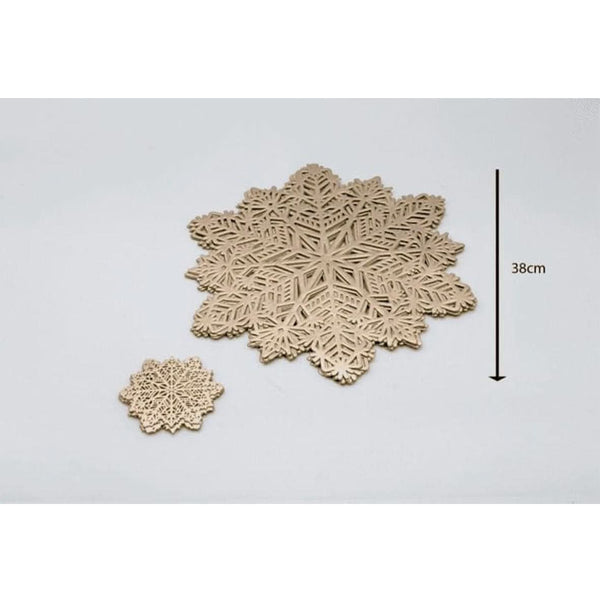 6pc Set Gold Vinyl Snowflake Placemat and Coasters