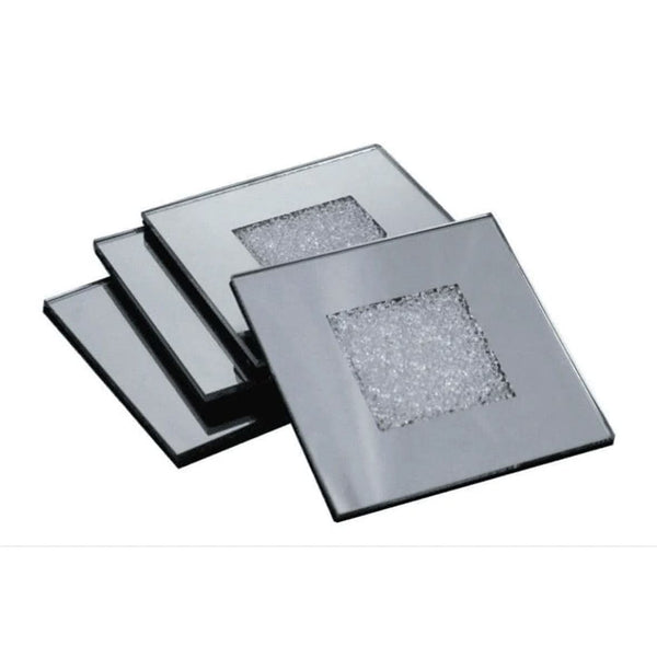 4 Pack Glass Coaster Set With Diamante Square Design