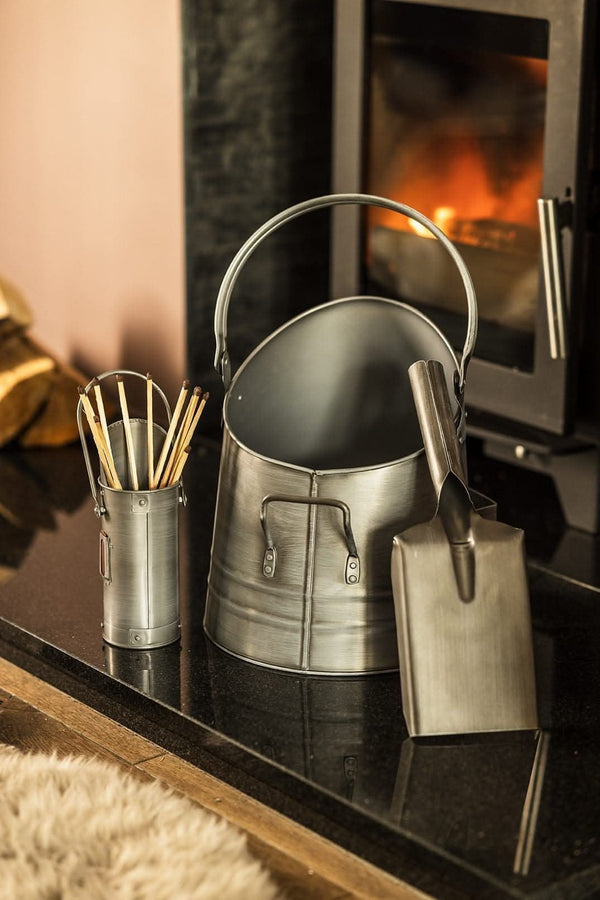 Fireside Coal Bucket & Match Canister - Silver