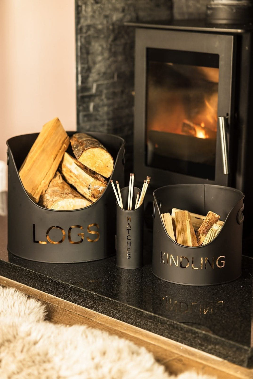 Log, Kindling and Matchstick Holder Set