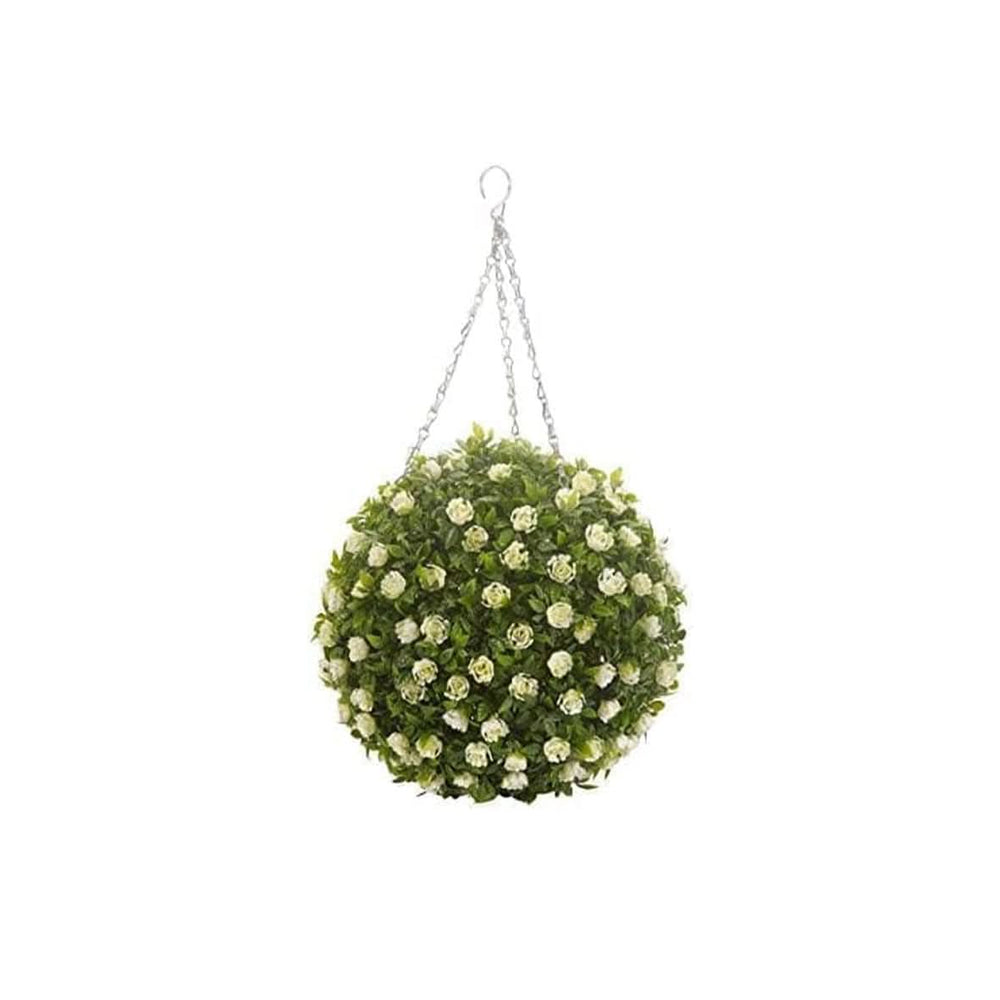 Round Hanging Flowers Outdoor Indoor Artificial Floral Decorative Ornament - White Rose Ball 30cm