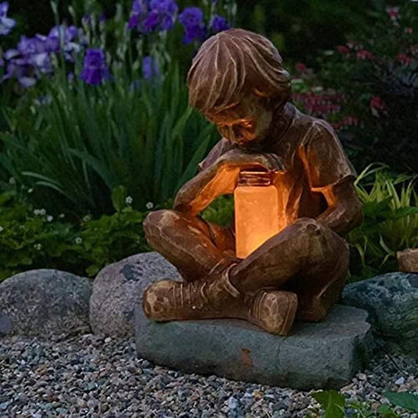 Boy with Light Up Firefly Jar Solar-Powered Garden Ornament