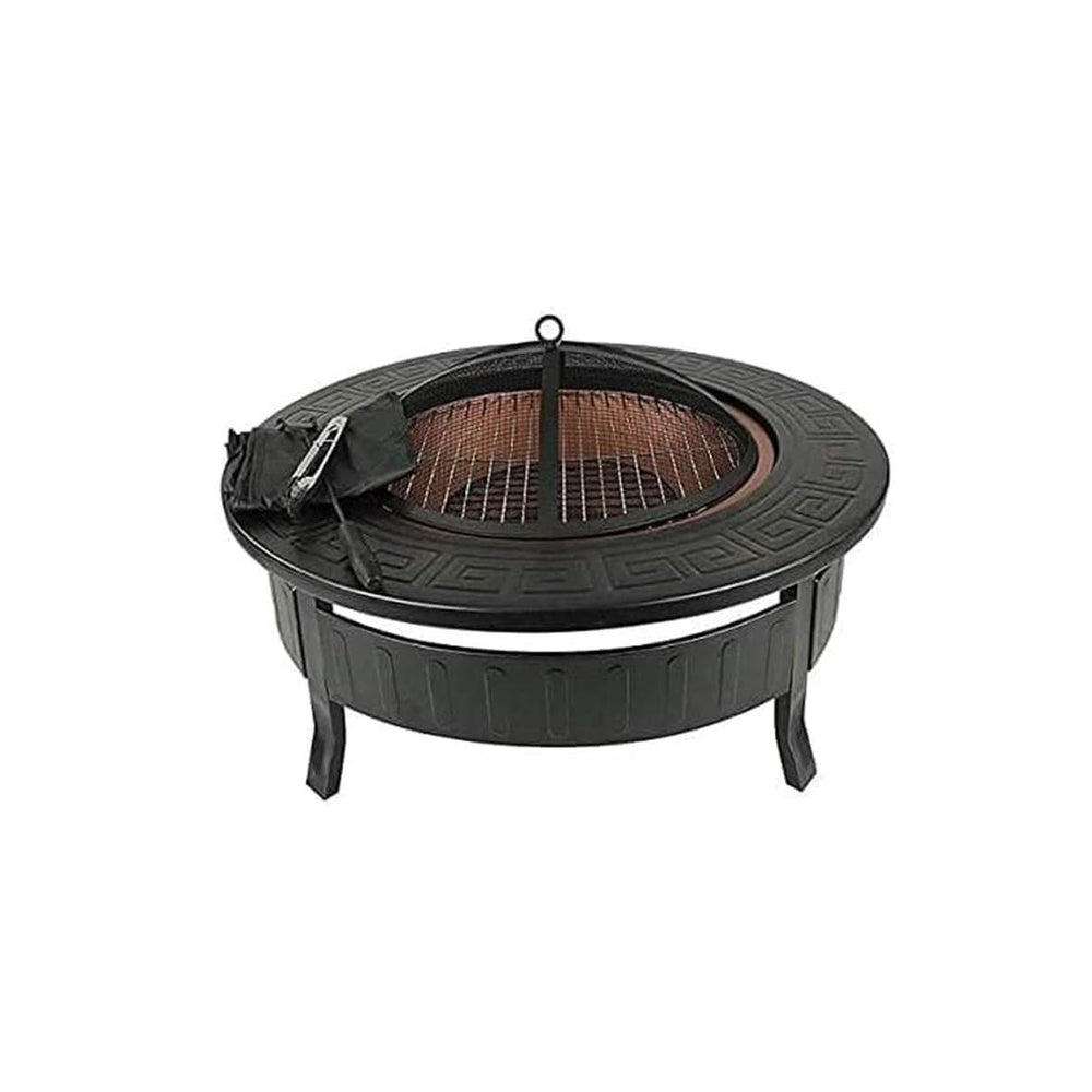 Black Round Steel Fire Pit With BBQ Grill and Mesh Lid Patio Heater