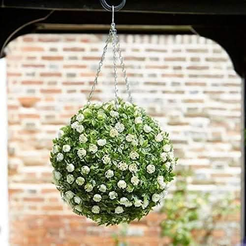 Round Hanging Flowers Outdoor Indoor Artificial Floral Decorative Ornament - White Rose Ball 30cm