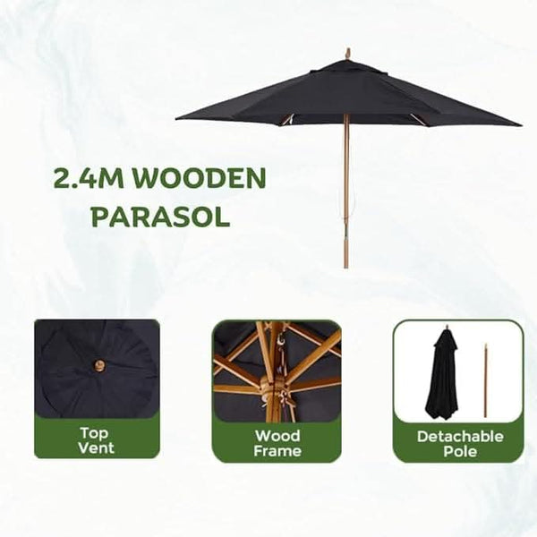 2.4m Black Wooden Garden Parasol