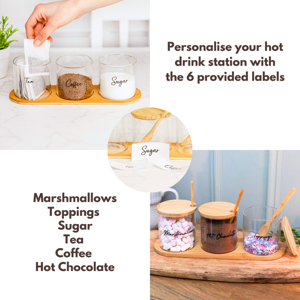 Glass Jar Kitchen Station Set - Tea, Coffee, Sugar and Hot Chocolate