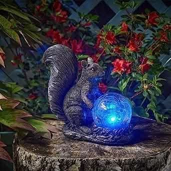 Solar Powered Squirrel Crackle Globe Light Garden Ornament