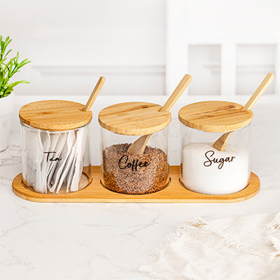 Glass Jar Kitchen Station Set - Tea, Coffee, Sugar and Hot Chocolate