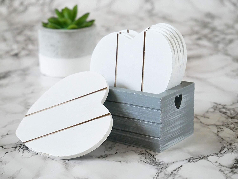 Chic Grey Wood Love Heart Coasters With Storage Box