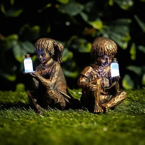 Solar-Powered Boy & Girl Lantern Garden Ornaments