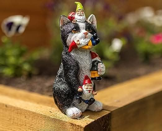 Resin Gnome Eating Colourful Cat Ornament