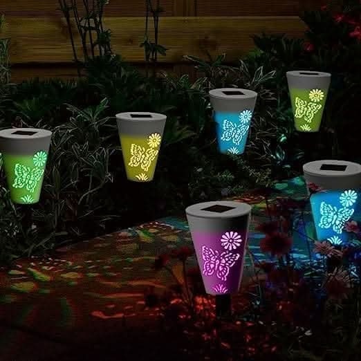 Solar Powered Silhouette Butterfly Stake Lights 6 pack White & Colour Changing