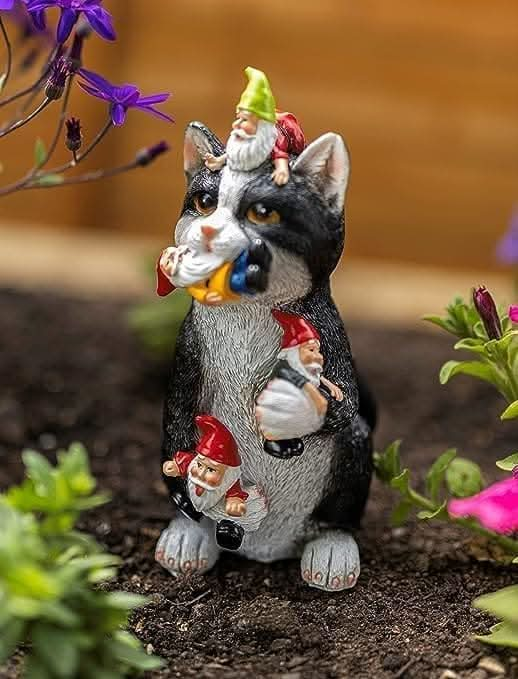 Resin Gnome Eating Colourful Cat Ornament