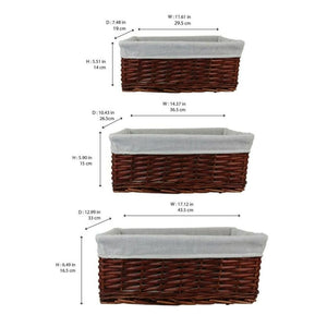 3pc Wicker Storage Baskets Set (Brown & White Lining)