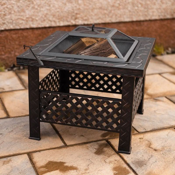 26" Square Black Steel Garden Fire Pit / Patio Heater (with Rain Cover)