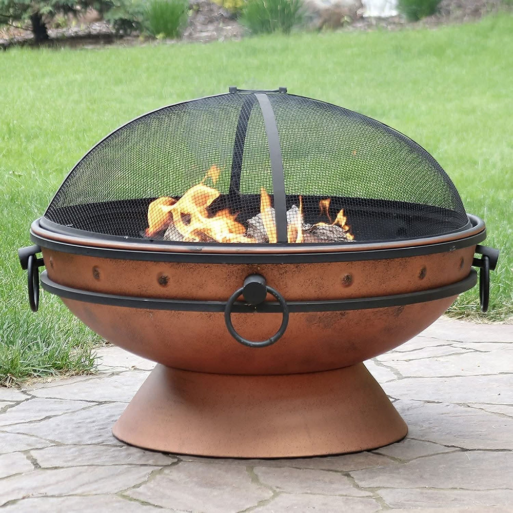 Large Round Copper Fire Pit & BBQ with Grill