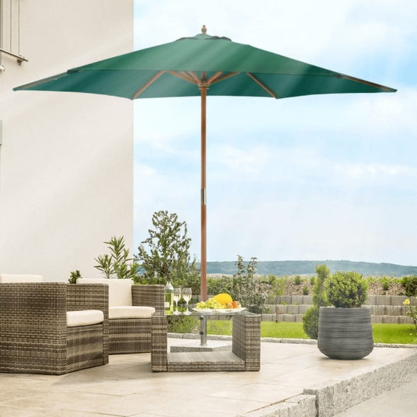 Parasol Pulley System 2.4m Green Garden Sun Shade Umbrella Wooden