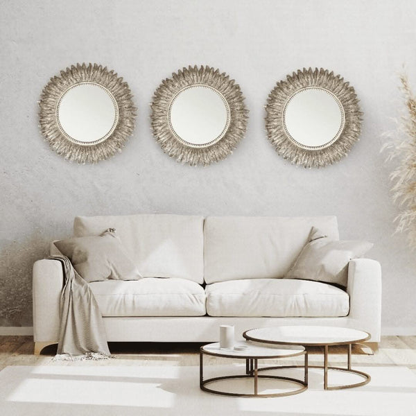 Wall Mountable Round Golden Feather Mirror