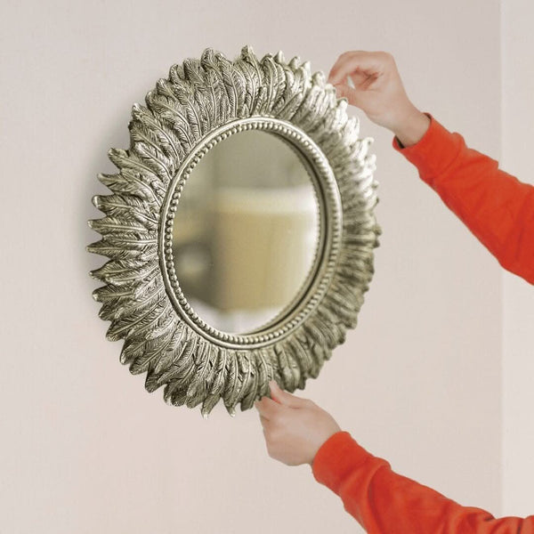 Wall Mountable Round Golden Feather Mirror