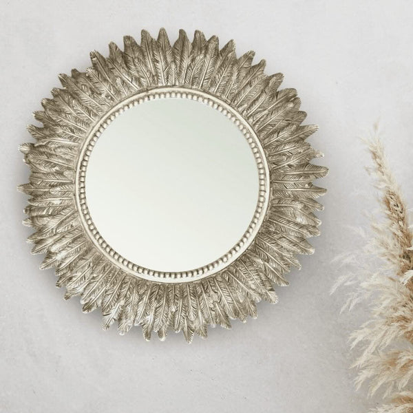 Wall Mountable Round Golden Feather Mirror