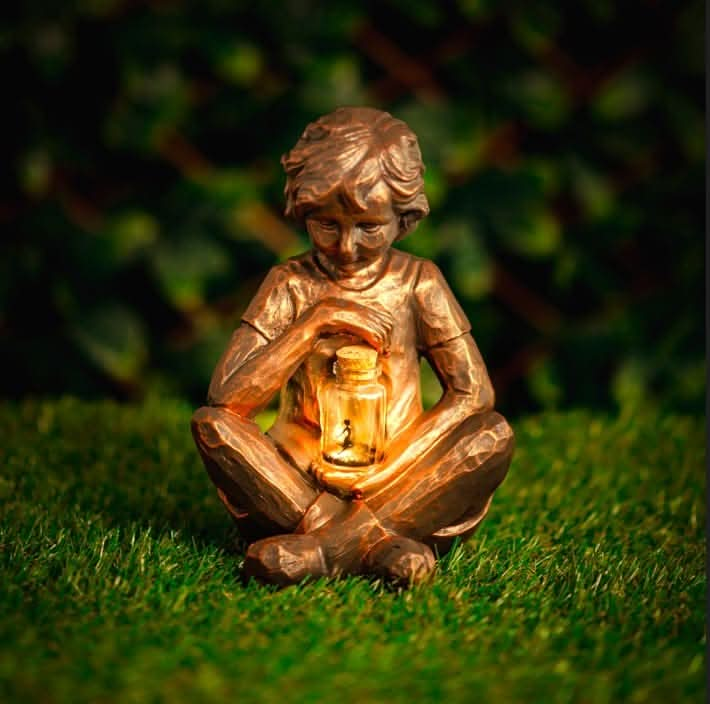 Boy with Light Up Firefly Jar Solar-Powered Garden Ornament