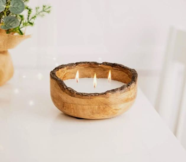 Large Scented Candle w/ Bark Wooden Holder