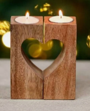 Wooden Tealight Candle Holder Mango Wood Heart Centrepiece