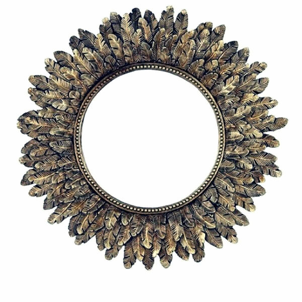 Wall Mountable Round Golden Feather Mirror