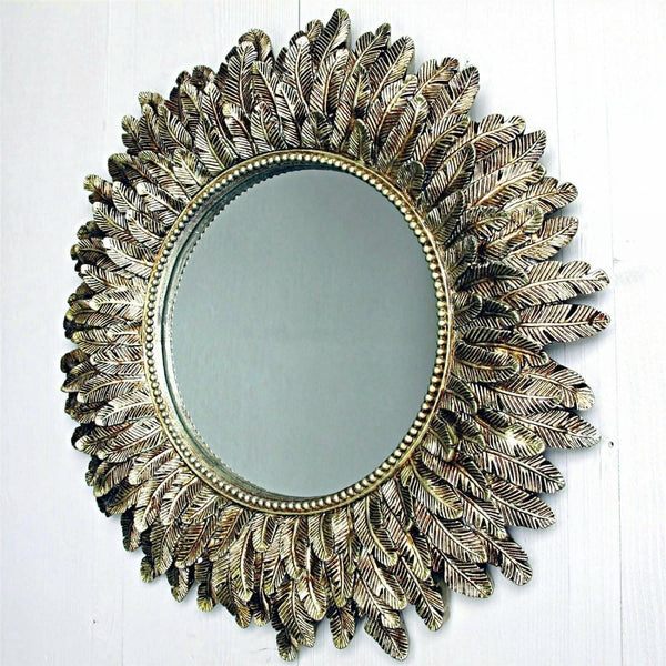 Wall Mountable Round Golden Feather Mirror