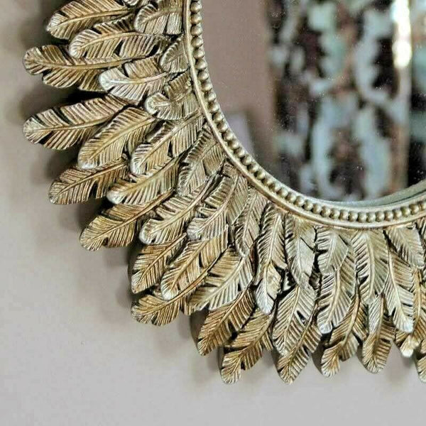 Wall Mountable Round Golden Feather Mirror