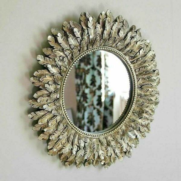 Wall Mountable Round Golden Feather Mirror