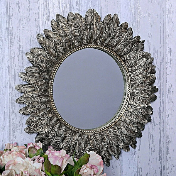 Wall Mountable Round Golden Feather Mirror