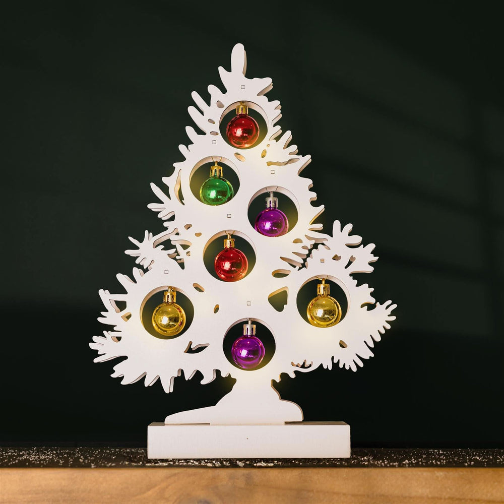 Wooden Tree with Multi Colour Baubles 10 Warm white LED Lights