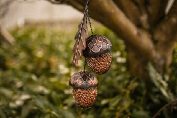 hanging-metal-outdoor-acorn-bird-feeder-2-piece