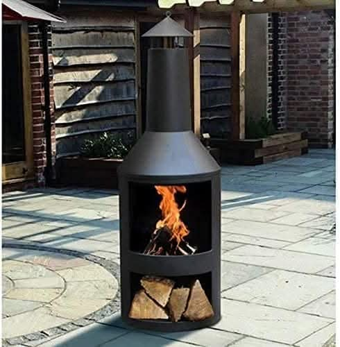 Black Steel Chiminea Burner with Built-in Log Storage