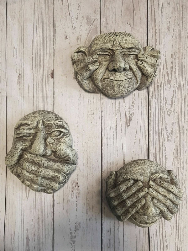 Hear See & Speak No Evil Gargoyle Set Funny Face Wall Plaques Tree Decoration