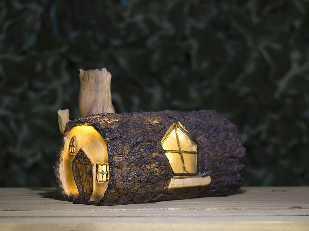 Solar Fairy House Garden Ornament Wooden Log Effect Light Up LED Home