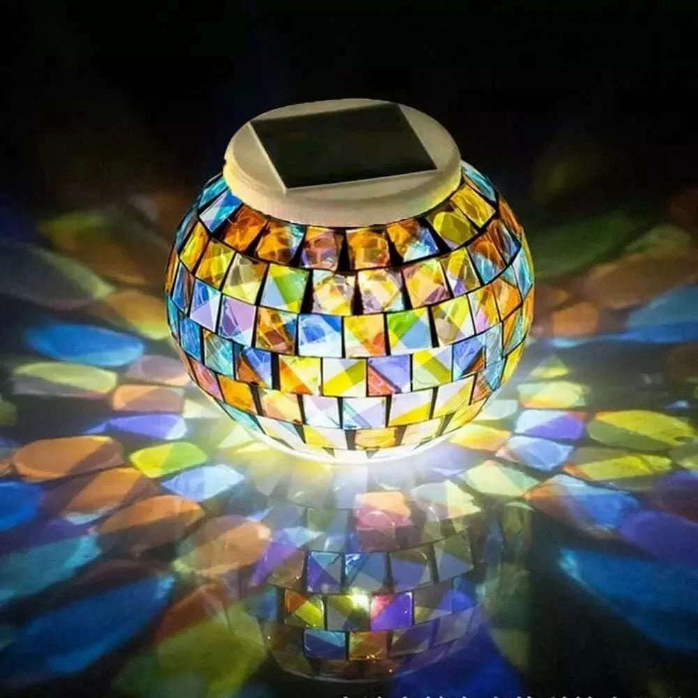 Solar-Powered Mosaic Glass Lantern LED Table Top Light