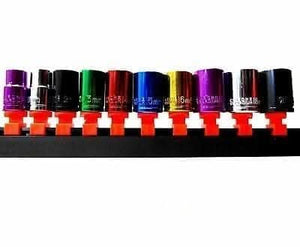 10 Piece 3/8" Shallow Drive Coloured Socket Set with Handy Storage Rail 10-19mm