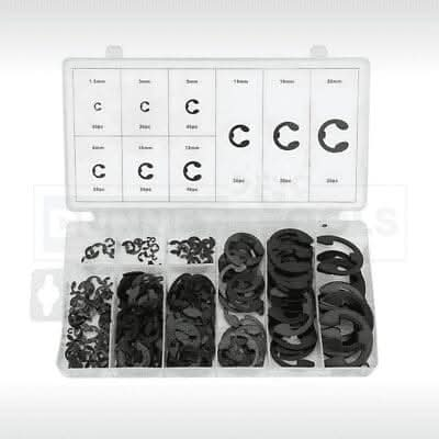 300pc E Clips Circlips Snap E-Clip 1.6mm to 22.2mm Assorted + Case Set