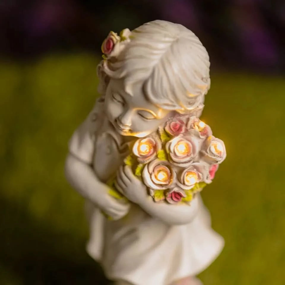 Solar Fairy Ornament Light Garden Decoration Stone Effect Girl Flowers Lighting