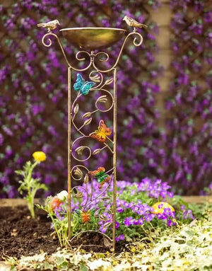 Bronze Effect Bird Bath Feeder Weatherproof Bowl Ground Stake Trellis Flowers