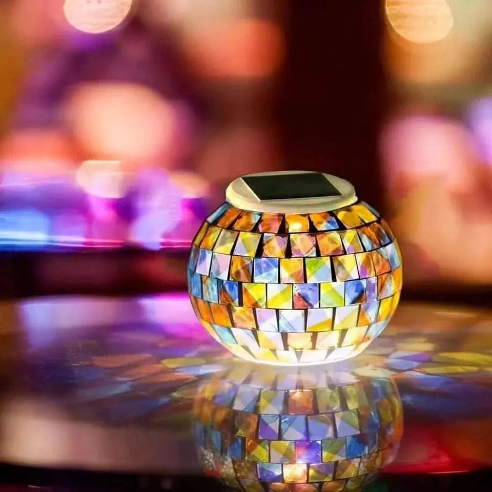 Solar-Powered Mosaic Glass Lantern LED Table Top Light