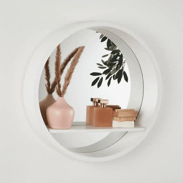 White Round Wall Mirror With Shelf